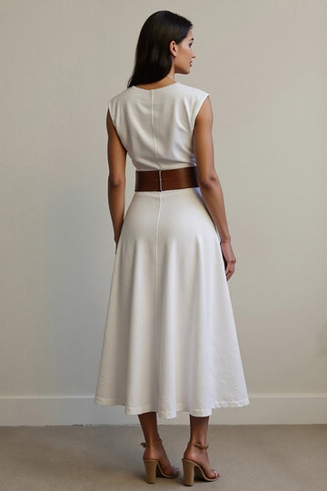 White A Line V-Neck Work Dress with Belt